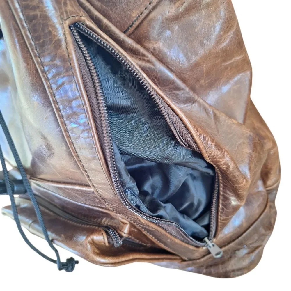 Vintage Boho Waxed Brown Leather Backpack Convertible Strap Rucksack Knapsack